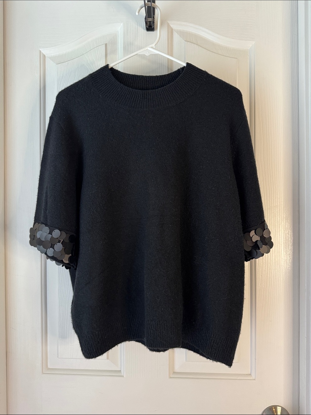 CeCe Black Short-Sleeve Crew Sweater with Sequin Cuff